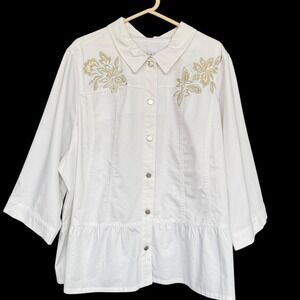 Joan Rivers Jacket Womens 3X White Embroidered Floral Ruffle Hem Snap Front